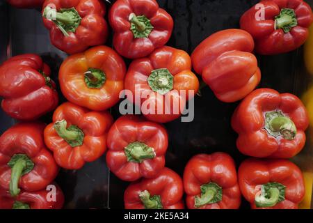 overhead view of many red capsicum on black  Stock Photo