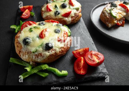 Breakfast pizza. homemade two breakfast pizzas for the whole family. Vegetarian pizza. Stock Photo