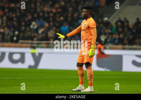 Milan, Italy. 09th Nov, 2022. Andre Onana of FC Internazionale gestures during Serie A 2022/23 football match between FC Internazionale and Bologna FC at Giuseppe Meazza Stadium, Milan. Final score: Inter 6 - 1 Bologna Credit: SOPA Images Limited/Alamy Live News Stock Photo
