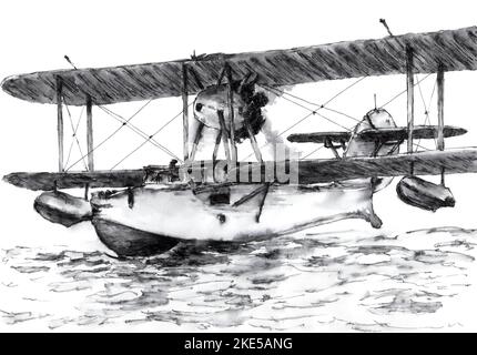 Biplane flying boat on water surface. Ink on paper. Stock Photo