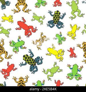 Seamless pattern with tropical tree frogs. Colored vector background with shadow on white. Stock Vector