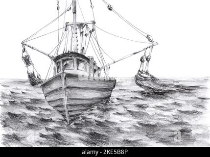 Small fishing trawler at work. Graphite pencil on paper. Stock Photo