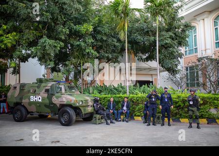 Phnom Penh, Cambodia. 10th Nov, 2022. Military personnel and armed vehicles stand guard outside the media center. The summit of the Asean states will take place from Nov. 10 to Nov. 13. The association of Southeast Asian states comprises ten countries that cooperate primarily in the economic, social and cultural fields. Cambodia holds the presidency this year. Credit: Chris Humphrey/dpa/Alamy Live News Stock Photo