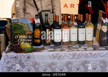 Chisinau, Moldova - October 15, 2022: Open-air wine exhibition during the Chisinau City Day celebration. Moldova wines. Selective focus Stock Photo