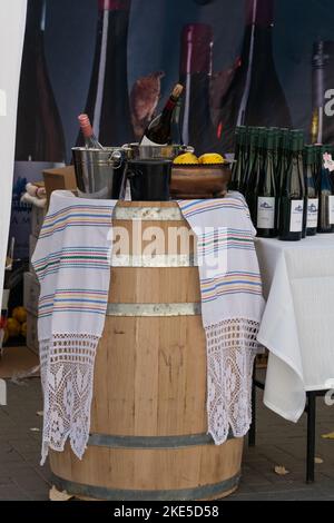 Chisinau, Moldova - October 15, 2022: Open-air wine exhibition during the Chisinau City Day celebration. Moldova wines. Selective focus Stock Photo