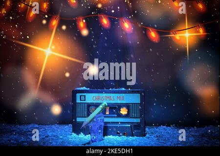 Holidays Retro Cassette Tape with Christmas mix music on stage Stock Photo