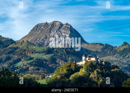 Suisse, Schweiz, Switzerland, Fribourg, Freiburg, Canton de Fribourg, Kanton Freiburg, château de Gruyères, Gruyères, Gruyère, château, Schloss, castl Stock Photo