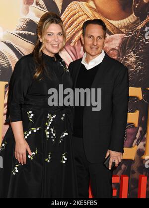 Los Angeles, USA. 28th Mar, 2023. MURDER MYSTERY 2 Cast & Crew - (Standing,  L-R) Jason Young, Ori Marmur, Zurin Villanueva, Ted Sarandos, Jodie  Turner-Smith, Adam Sandler, Scott Stuber, Jennifer Aniston, Jeremy