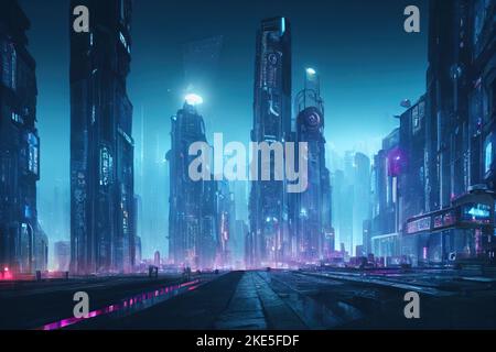 Cyberpunk futuristic city .Future fantasy with neon signs and lights. Cyberpunk city with futuristic buildings. Digital illustrations. Stock Photo