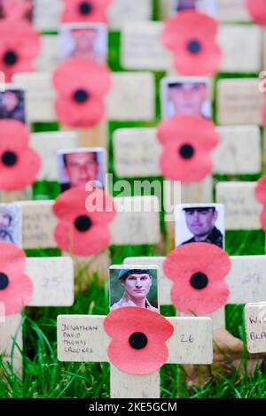 Swindon, UK. 10th Nov, 2022. The walled garden in Lydiard Park is given over to a Royal British Legion (RBL) Garden of Remembrance each year. Each Cross and Poppy is a token of love and remembrance for someone lost in conflict. Credit: JMF News/Alamy Live News Stock Photo