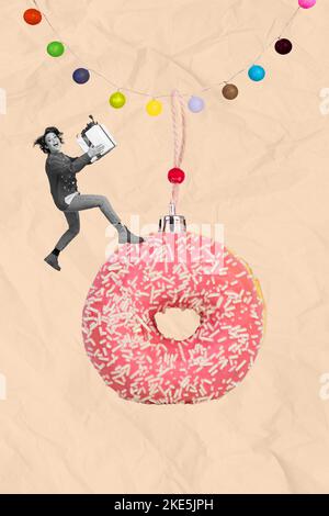 Vertical creative collage photo 3d art illustration of funny ecstatic girl hold gift hurry run on donut isolated on pink color background Stock Photo
