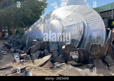 An alien space craft crash lands at Goodwood, Goodwood Revival, Goodwood Motor Circuit, Chichester, West Sussex, England, September 2022. Stock Photo