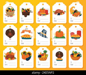 Thanksgiving Gift Tag Set. Ready-to-print label postcards with illustrations and words To, From. Flat vector illustrations on white background. Stock Vector