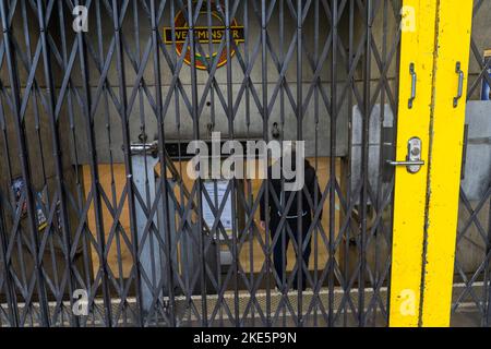 London UK. 10 November 2022.  A shuttered  Westminster underground station during a 24 hour walkout strike staged by members the RMT and Unite unions in a dispute over job cuts, pay and pensions Credit: amer ghazzal/Alamy Live News Stock Photo