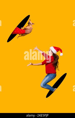 Creative photo 3d collage artwork poster postcard of funky positive preteen girl rejoice have little dog isolated on painting background Stock Photo