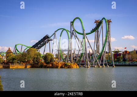 The Incredible Hulk Coaster against the blue sky at the Universal's Islands of Adventure, US Stock Photo