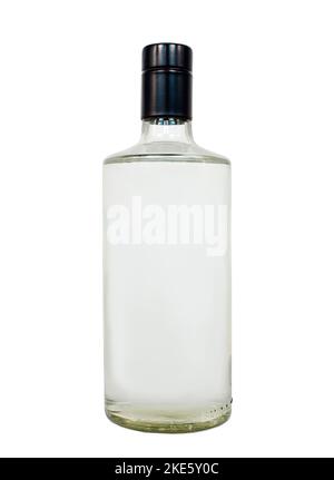 Isolated black capped bottle with transparent drink or liquid. Stock Photo