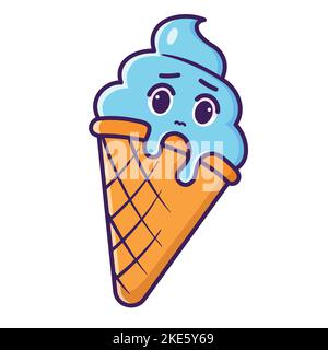 A digital illustration of a cute cartoon sad blue icecream cone isolated on a white background Stock Vector