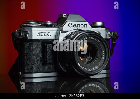 Canon AE-1 with FD 1.8 50 mm lens. Photographed product style. Stock Photo