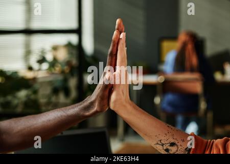 Hands of two young intercultural office workers giving each other high five in front of camera while expressing successful teamwork Stock Photo