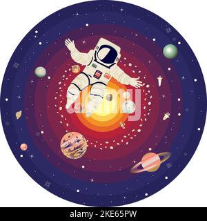 Astronaut flying among stars and planets in the outer space. Stock Vector