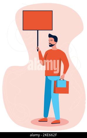 Young man with red banner and shopping bags, flat style illustration. Stock Vector