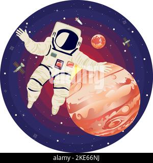 Astronaut flying among stars and planets in the outer space. Stock Vector