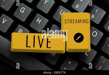 Sign displaying Live Streaming. Business idea displaying audio or media content through digital devices Stock Photo