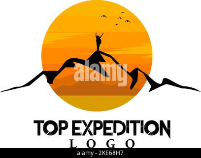 simple yellow sun logo and mountain climber silhouette Stock Vector