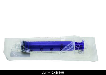 Close up view of 20 ml disposable syringe isolated on white background. Stock Photo