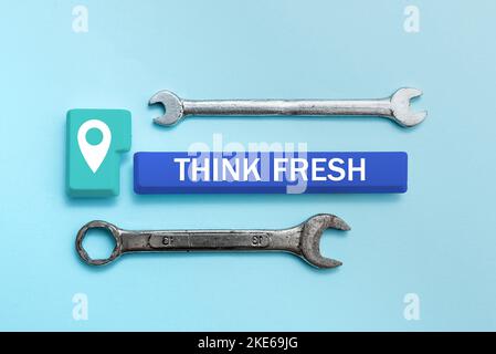 Text caption presenting Think Fresh. Business overview a new perspective of thinking when producing ideas and concepts Stock Photo