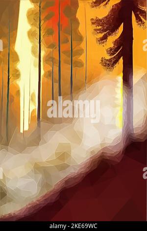 fire in a forest. The tree trunks are burning and the dampness of the trees creates a cloud of smoke on the ground. Abstract vector low poly art. Stock Vector