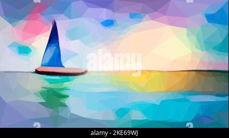 Sailboat sailing on calm water at sunset. Vector illustration made of polygons. Low Poly Art. Stock Vector