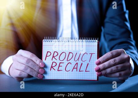 Conceptual display Product Recall. Business overview request to return the possible product issues to the market Stock Photo