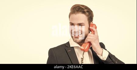 Hes retro cool. Happy boss on vintage telephone. Old-fashioned communication. Retro connection Stock Photo
