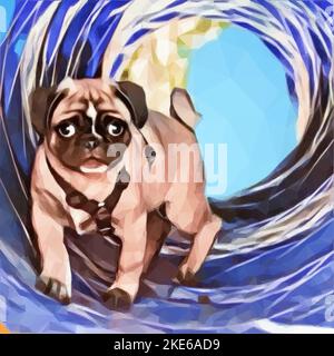 Pug puppy dog ​​training in fabric tunnel. Agility training for a better bond between puppy and human. vector in Low Poly Style. Stock Vector