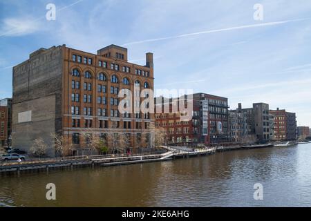 Milwaukee, WI, USA April 10 2022: Goll & Frank Co Building on water street in downtown Milwaukee, Wisconsin. This historical building is Renaissance d Stock Photo