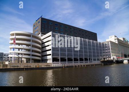 Milwaukee, WI, USA April 10 2022: Regal Rexnord Corporation office building and parking garage on Michigan street in downtown Milwaukee, Wisconsin. Re Stock Photo