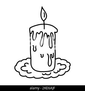 Burning candle with dripping wax isolated on white background. Candle on a festive plate vector hand drawn illustration in doodle style. Stock Vector