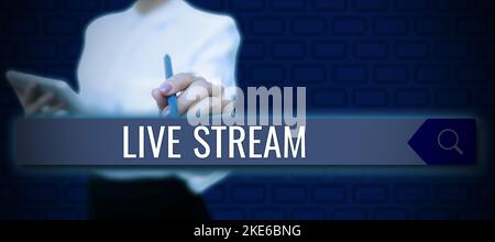 Text caption presenting Live Stream. Word for to broadcast a video or audio material with the use of Internet Stock Photo