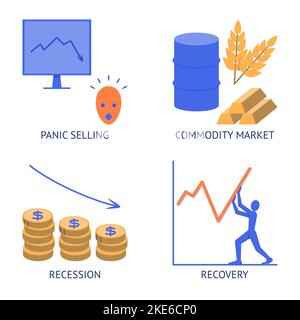 Stock market financial crisis icon set in flat style. Recession, panic sell, commodity market and economic recovery symbols. Vector illustration. Stock Vector