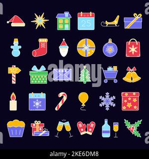 Set of Christmas icons in colored line style. 30 Christmas and New Year symbols collection with editable stroke. Vector illustration. Stock Vector