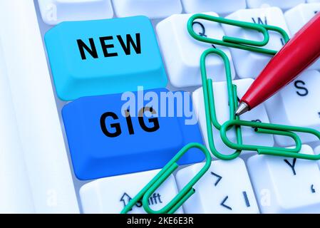 Text sign showing New Gig. Concept meaning getting job Attending live Concert Gigabyte Freelancer offer Stock Photo