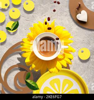 Cup of coffee on natural sunflower flower. Composite image, collage. Sunshine energy in the cup. Simple minimal concept flat lay, top view on grey Stock Photo
