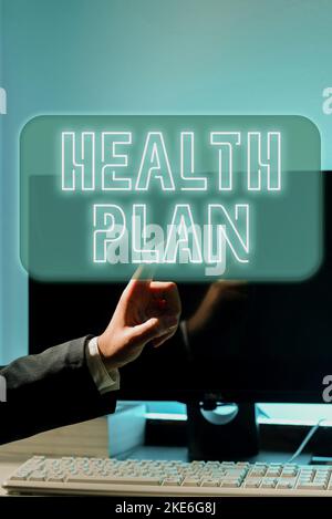 Sign displaying Health Plan. Business approach type of insurance that covers highcost medical services Stock Photo