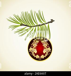 Christmas and New Year decoration red Christmas ornament with golden leaves five and fir tree branch vintage vector illustration editable hand draw Stock Vector
