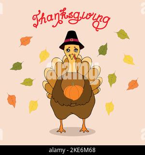 Turkey in a hat with a pumpkin. Thanksgiving art. Happy Thanksgiving Day. Hand drawn elements. Vector art Stock Vector