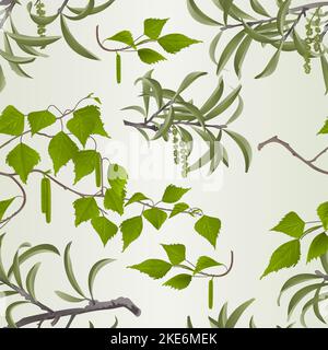 Seamless texture Willow branch with catkins and birch branch natural background vintage vector illustration editable hand draw Stock Vector