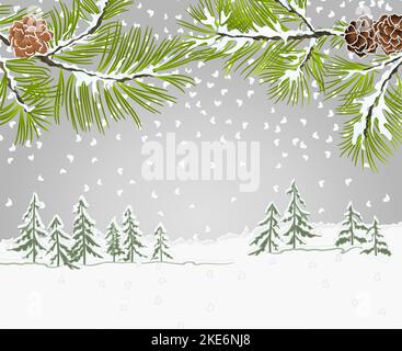 Winter landscape pine branches with snow and pine cones christmas theme and New Year natural background vintage vector illustration place for text edi Stock Vector
