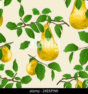 Seamless texture branch of pears with yellow ripe pear and leaves  autumn background watercolor vitage vector  illustration editable hand draw Stock Vector